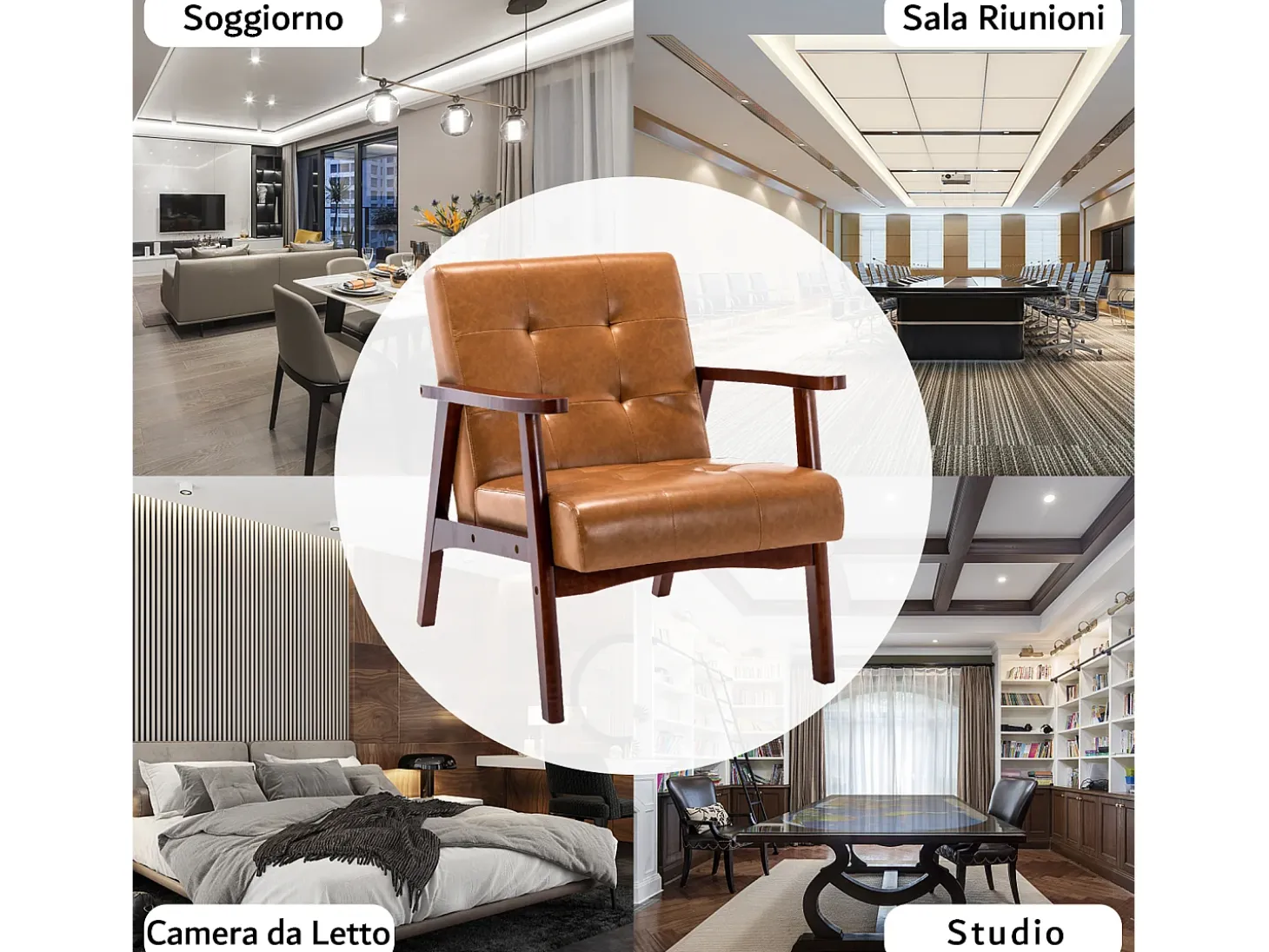 Sillón de Madera Maciza con Diseño Escandinavo Moderno - Cuero Natural Hipoalergénico Gris para Salón, Oficina o Dormitorio, Dimensiones 67x76x76 cm