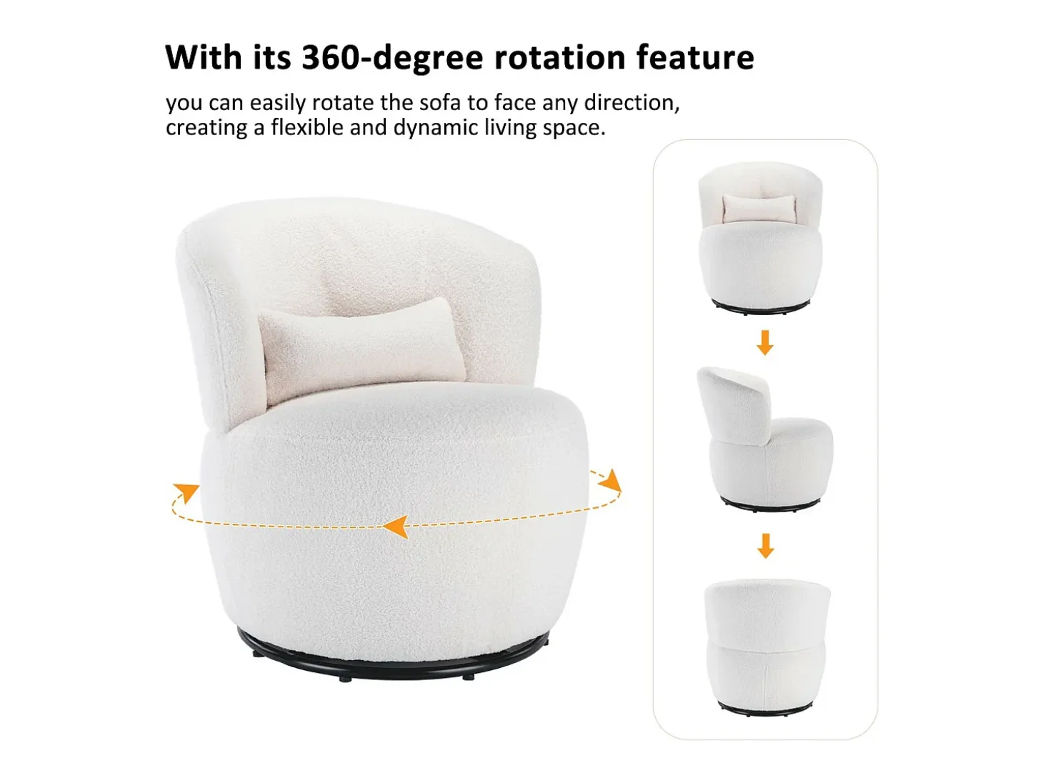 Sillón de pivote en tela de felpa blanca con almohada lumbar y pie de metal - máximo de 100 kg - 65x65x73cm