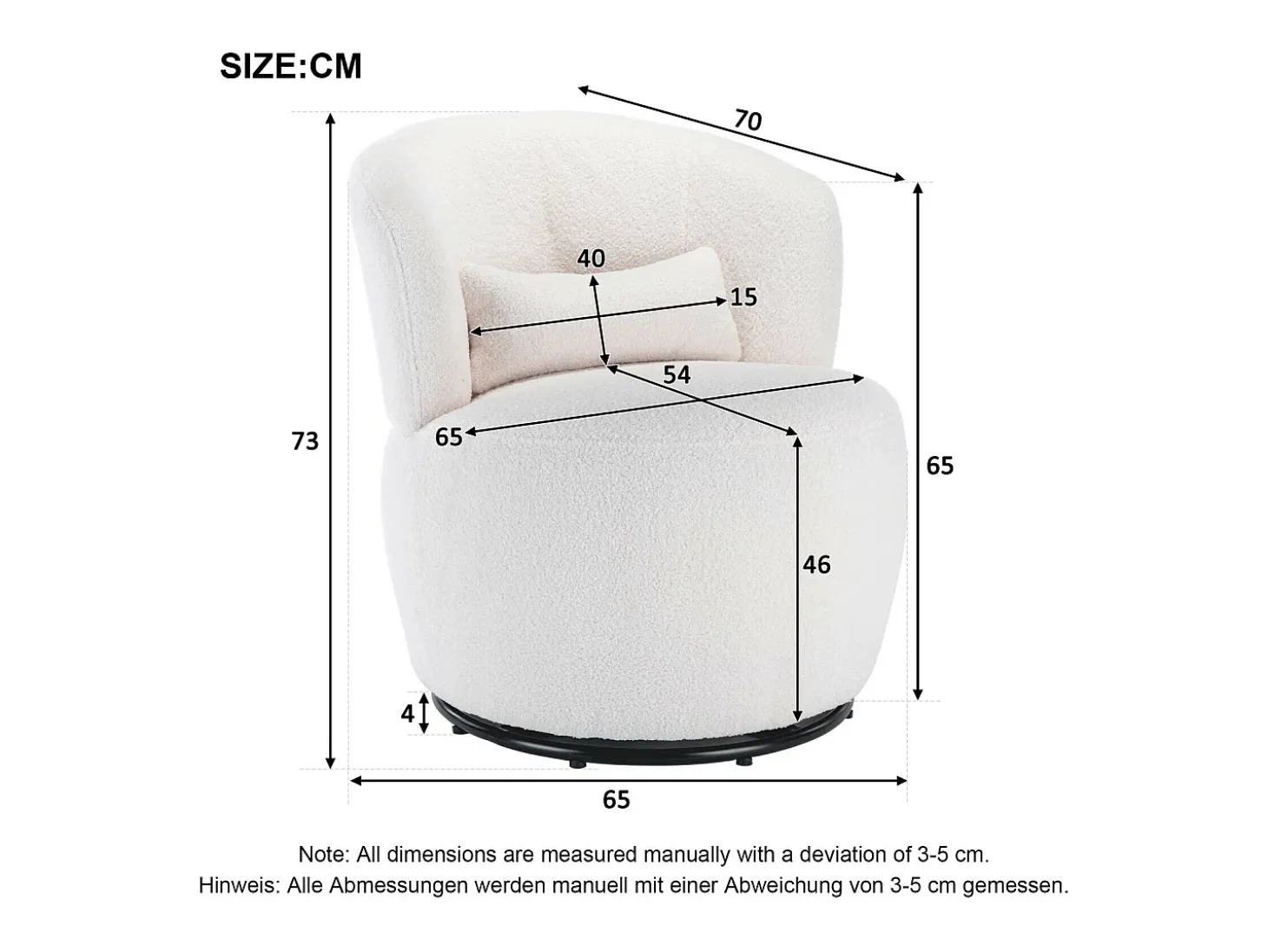 Sillón de pivote en tela de felpa blanca con almohada lumbar y pie de metal - máximo de 100 kg - 65x65x73cm