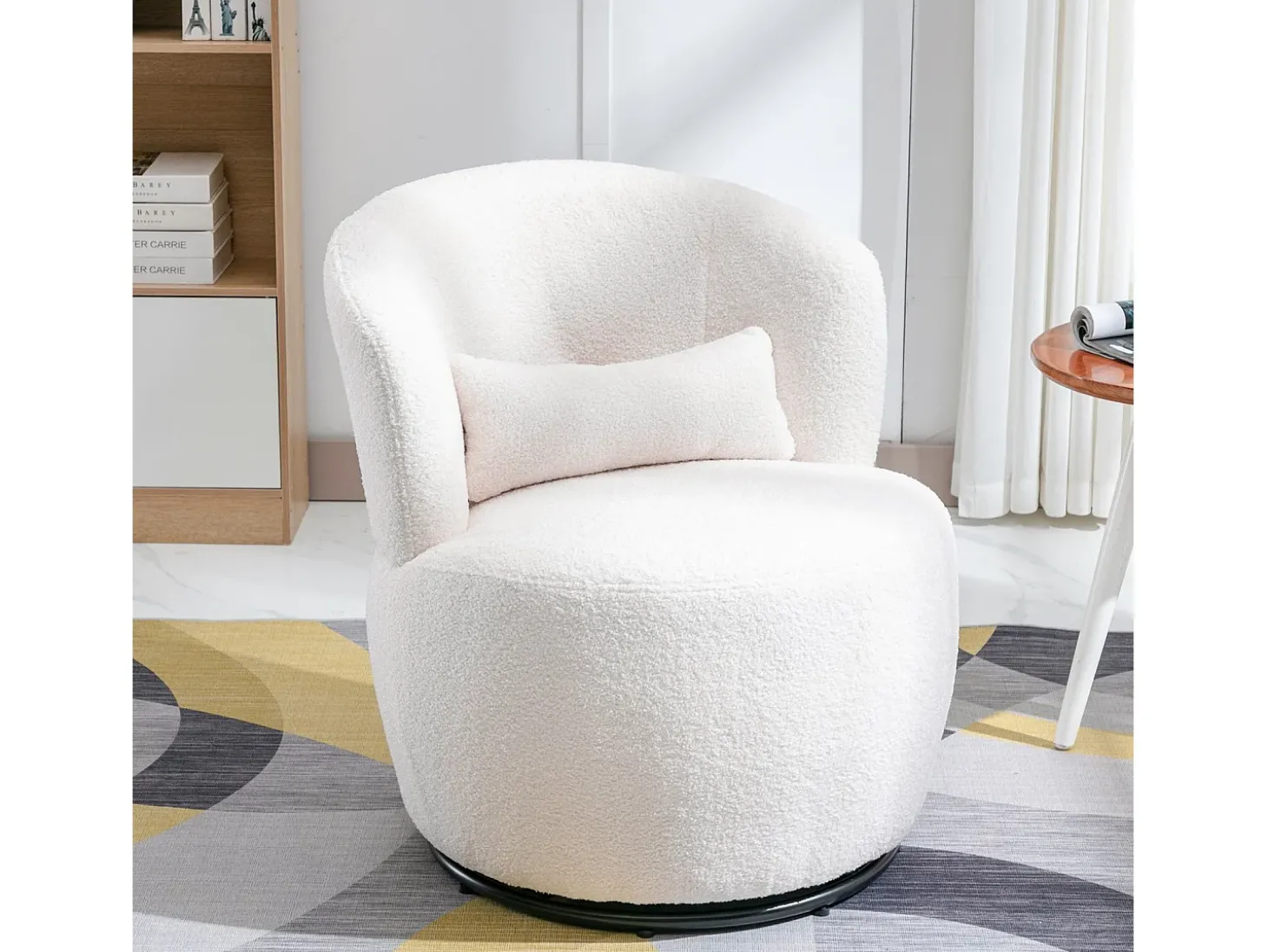 Sillón de pivote en tela de felpa blanca con almohada lumbar y pie de metal - máximo de 100 kg - 65x65x73cm