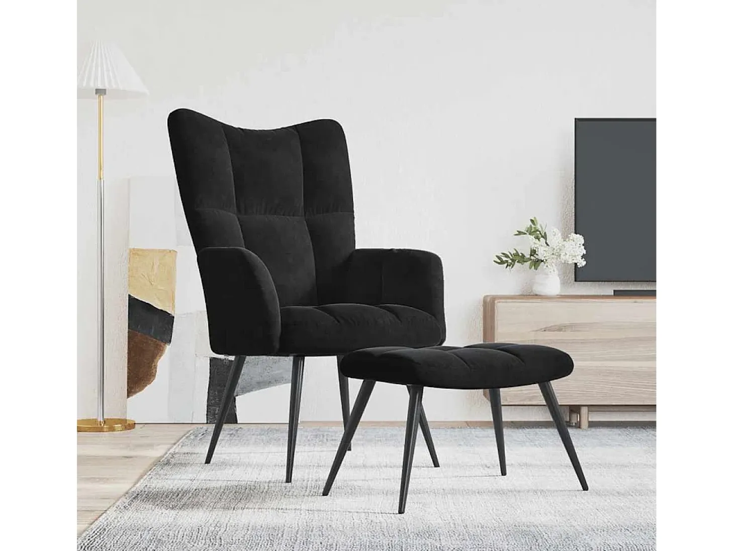 Sillón de relax | Sillón relajante con taburete de terciopelo negro SHL4943