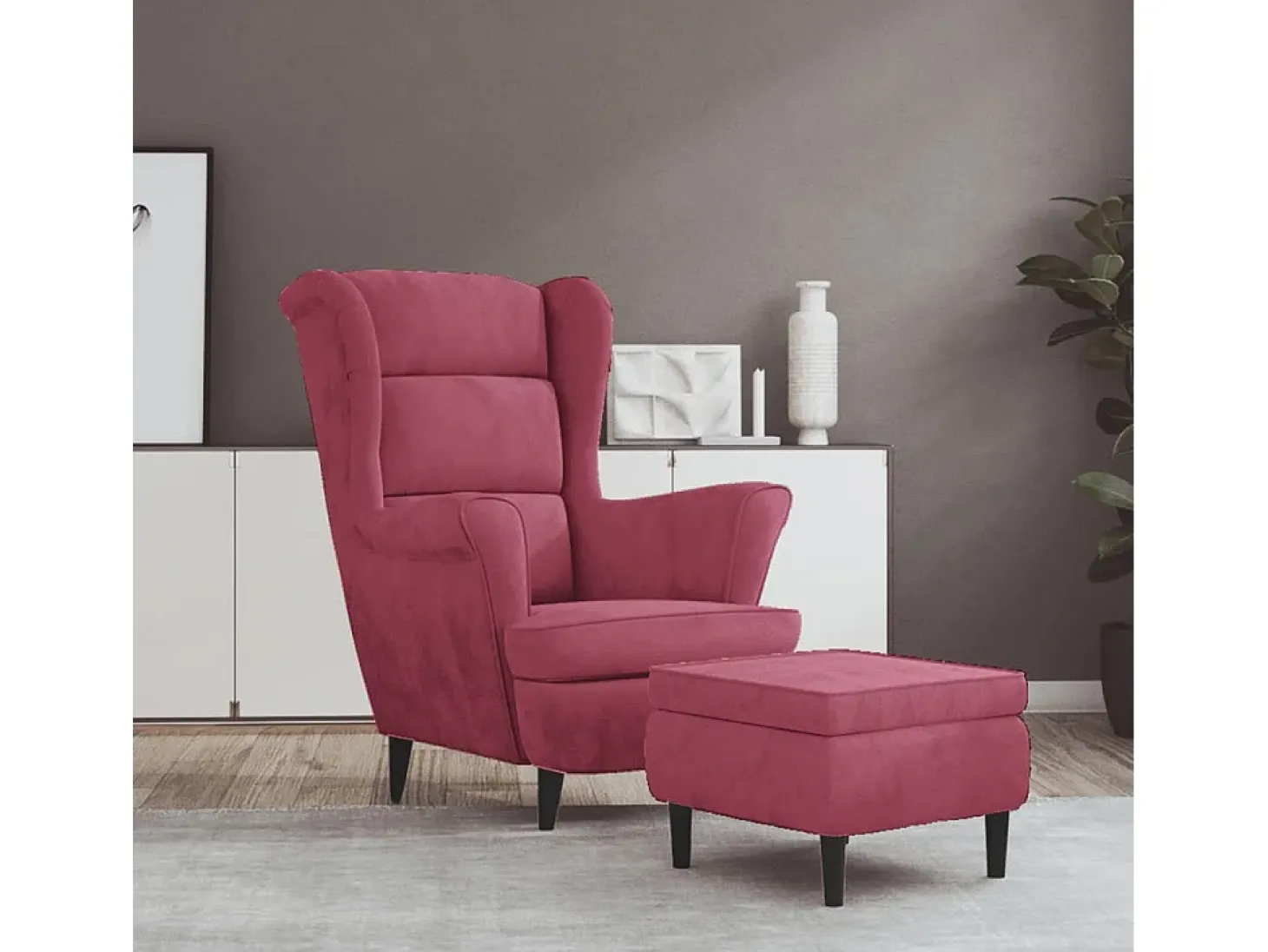 Sillón de salón | Silla | Sillón orejero y taburete de terciopelo rojo tinto SHL5187