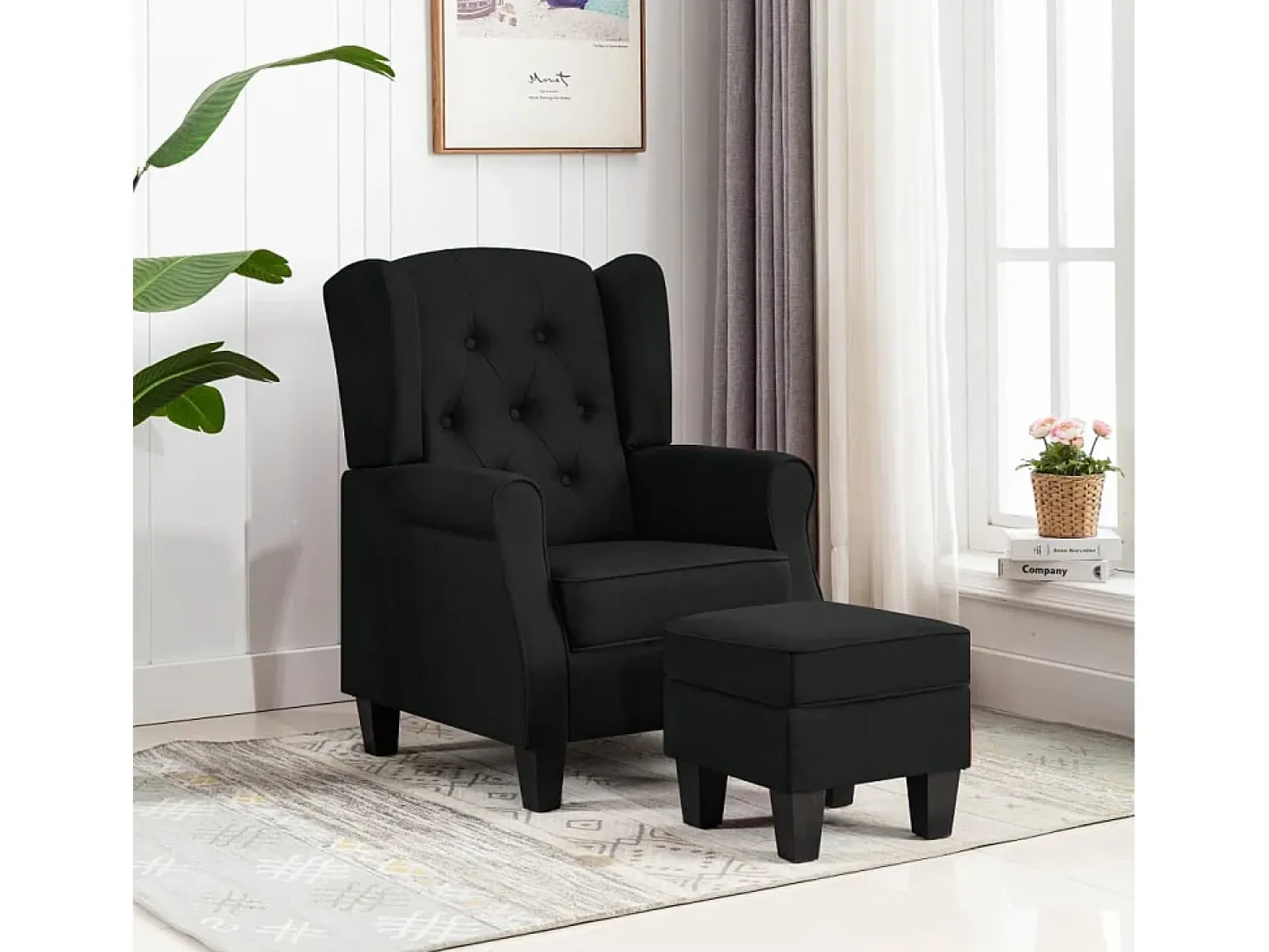Sillón de salón | Silla de relax con reposapiés de tela negro SHL4697