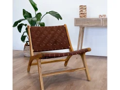 Sillón de teca y cuero tejido marrón - Kuna