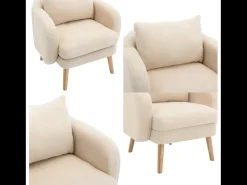 Sillón de tejido de rizo francés con cojín grueso - patas de madera maciza - beige