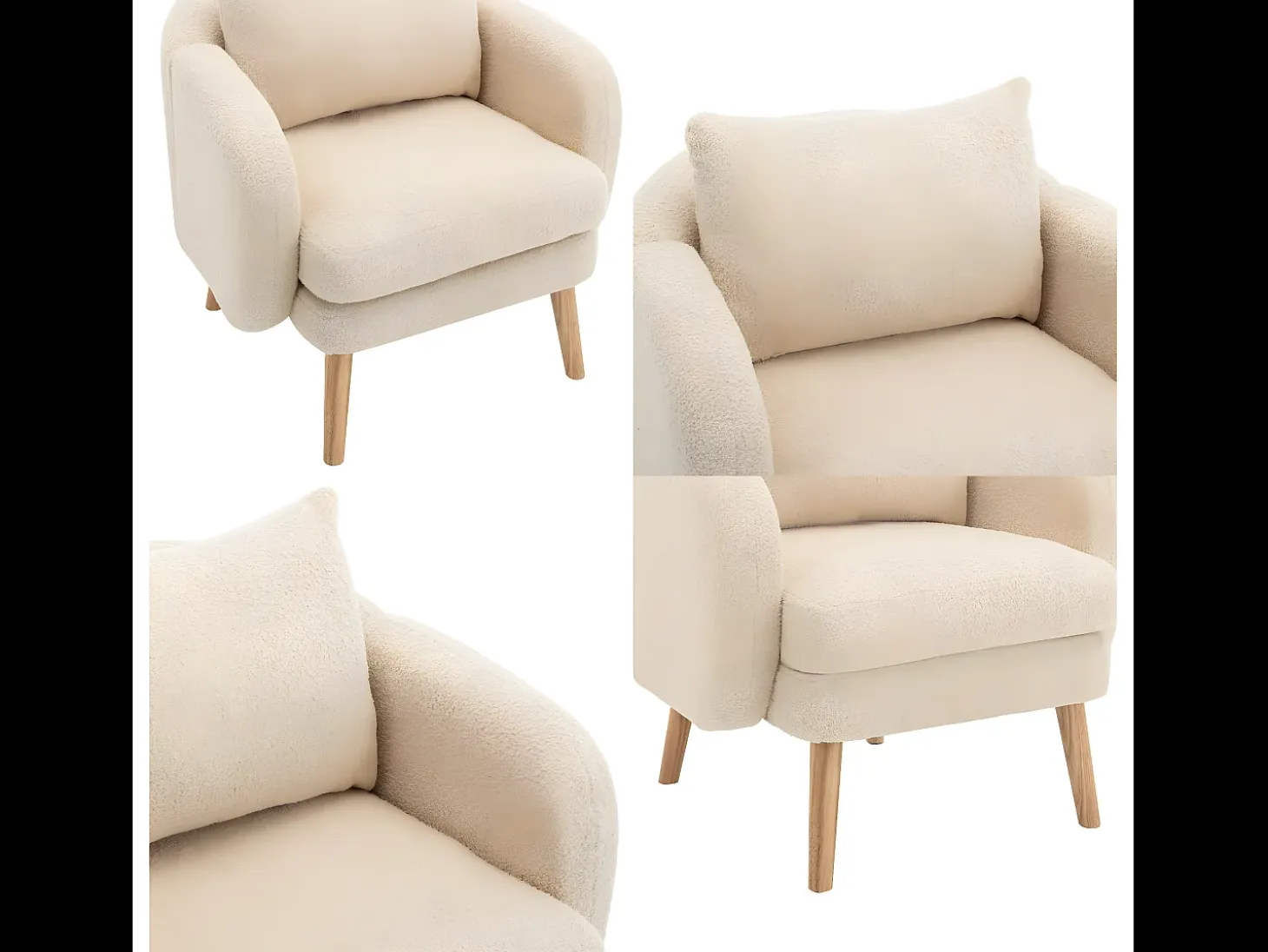 Sillón de tejido de rizo francés con cojín grueso - patas de madera maciza - beige