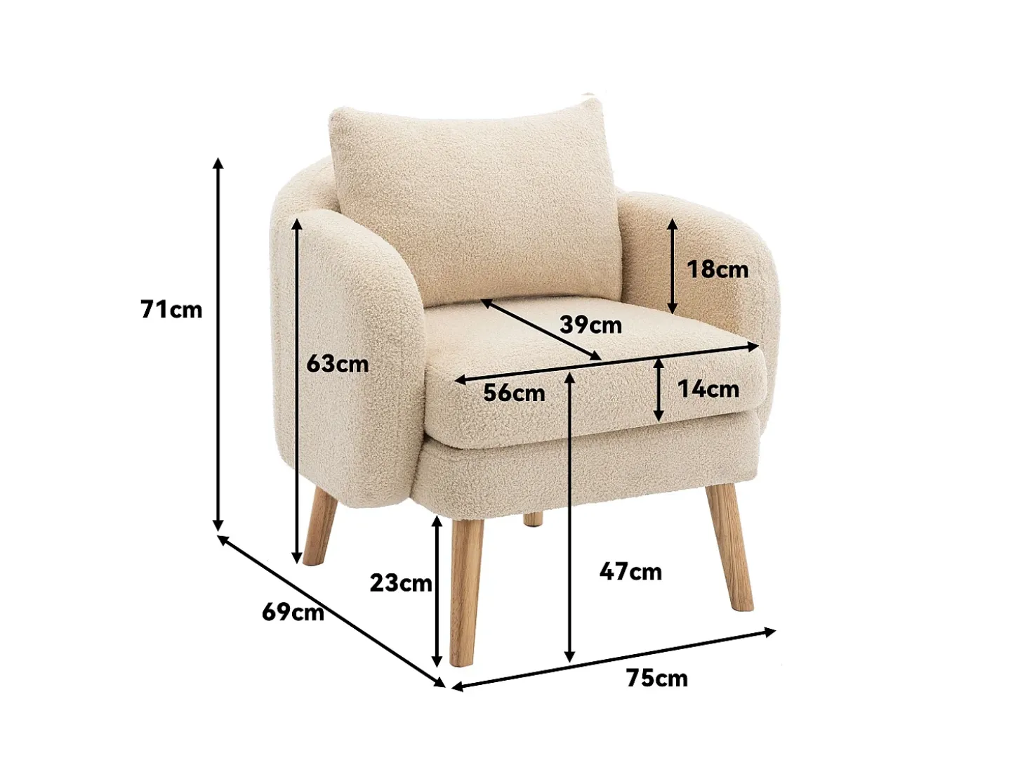 Sillón de tejido de rizo francés con cojín grueso - patas de madera maciza - beige