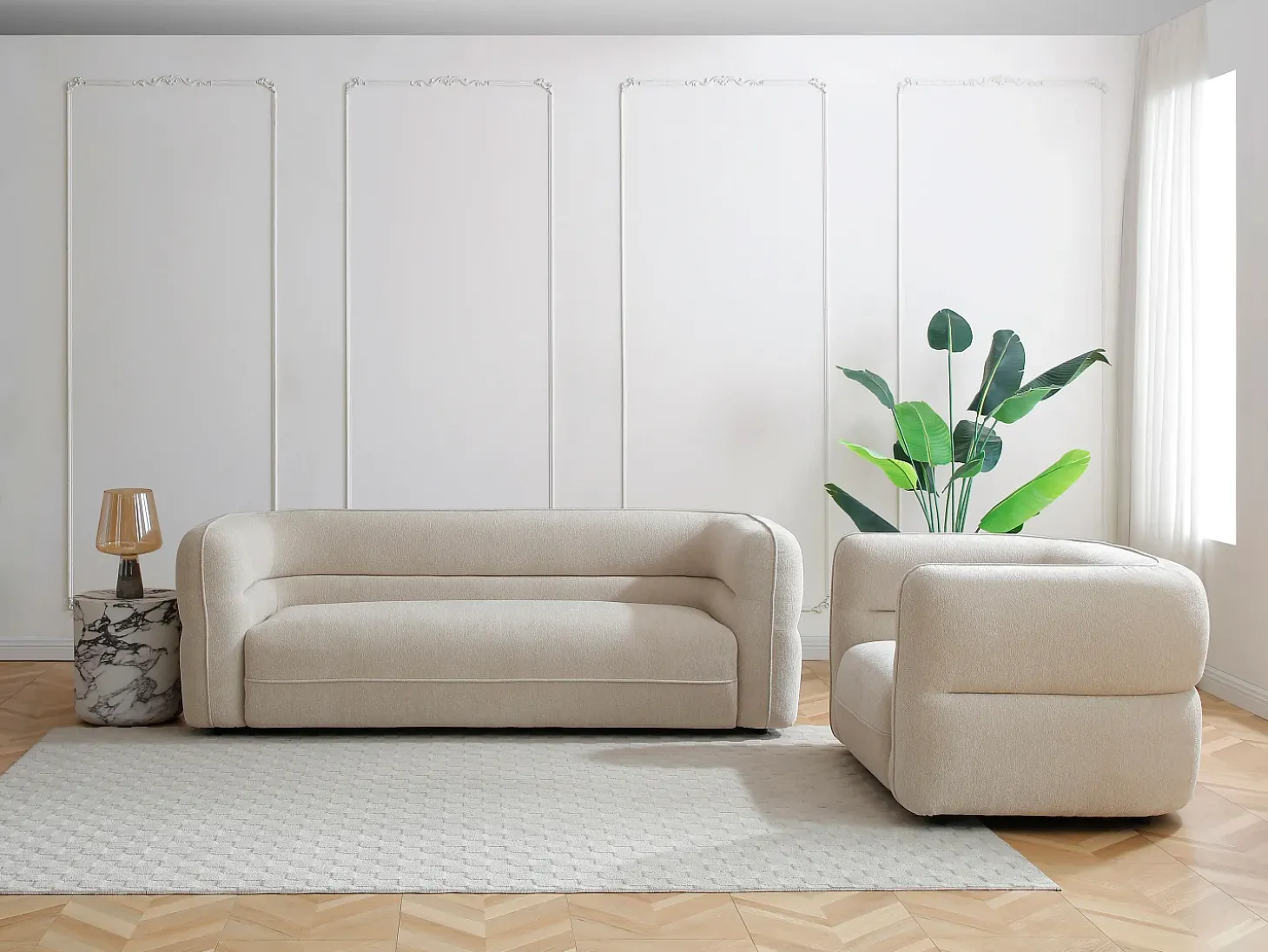 Sillón de tela chenilla beige producto ecorresponsable TALIENA