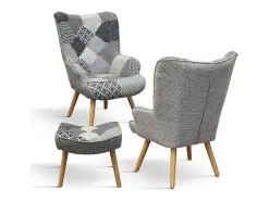 Sillón de tela patchwork gris y patas de madera, con reposapiés - HAVANA