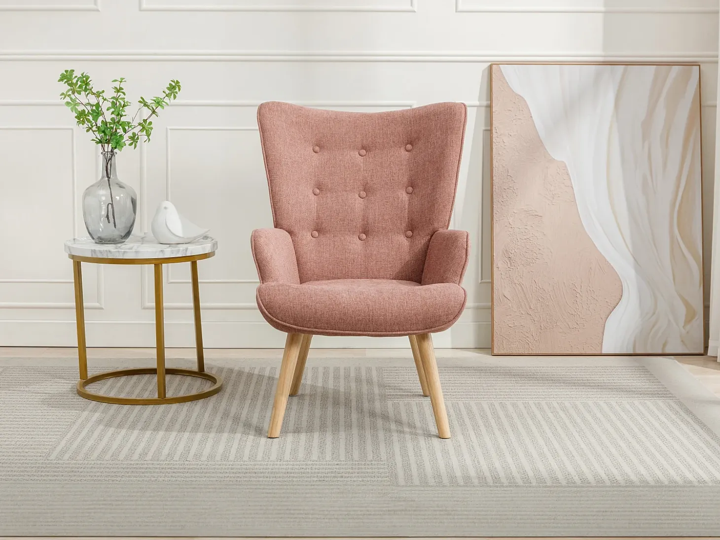 Sillón de tela rosa capitoné estilo escandinavo VATELY