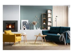 Sillón diseño tejido efecto terciopelo amarillo mostaza y roble KATE