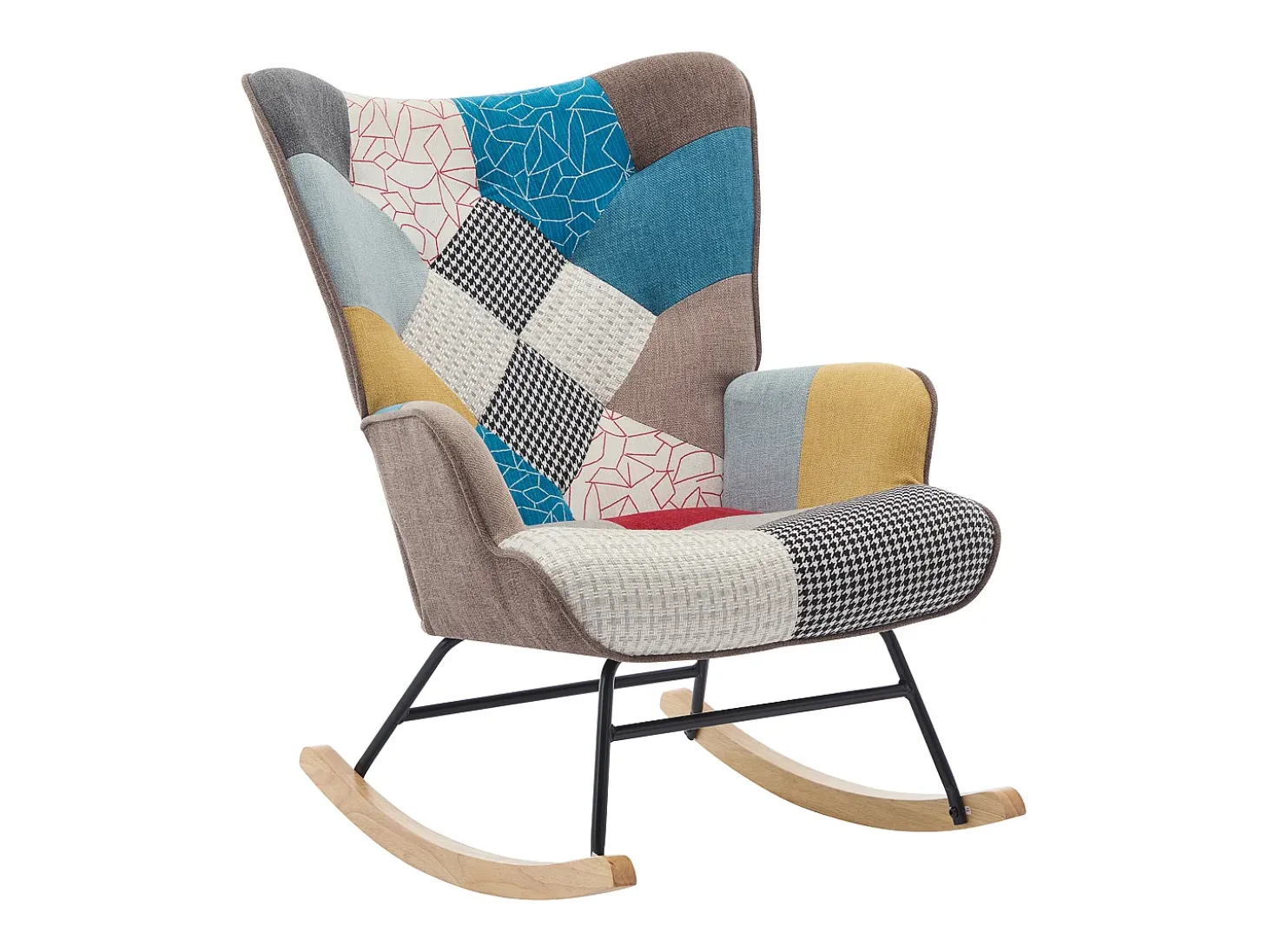 Sillón Elmina en tejido jaspeado patchwork multicolor con patas mecedoras