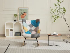 Sillón Elmina en tejido jaspeado patchwork multicolor con patas mecedoras