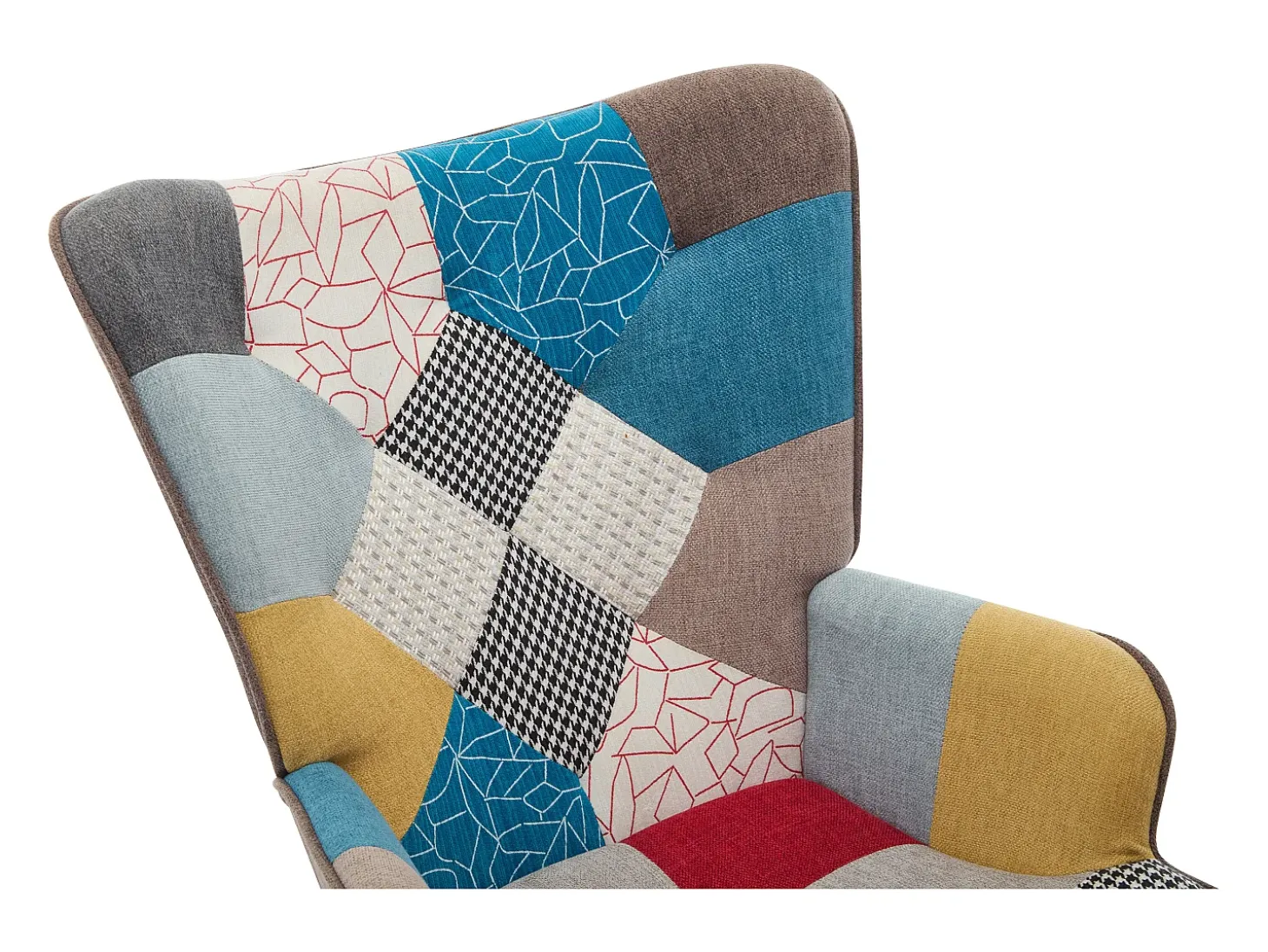 Sillón Elmina en tejido jaspeado patchwork multicolor con patas mecedoras