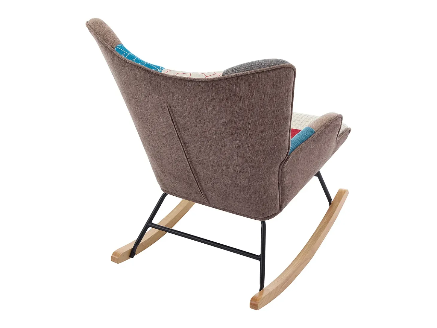 Sillón Elmina en tejido jaspeado patchwork multicolor con patas mecedoras