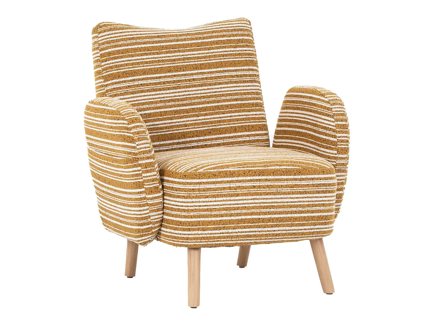 Sillón en tejido bouclé amarillo mostaza - Patas de madera