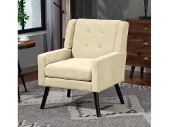 Sillón en tejido de lino beige con patas de madera