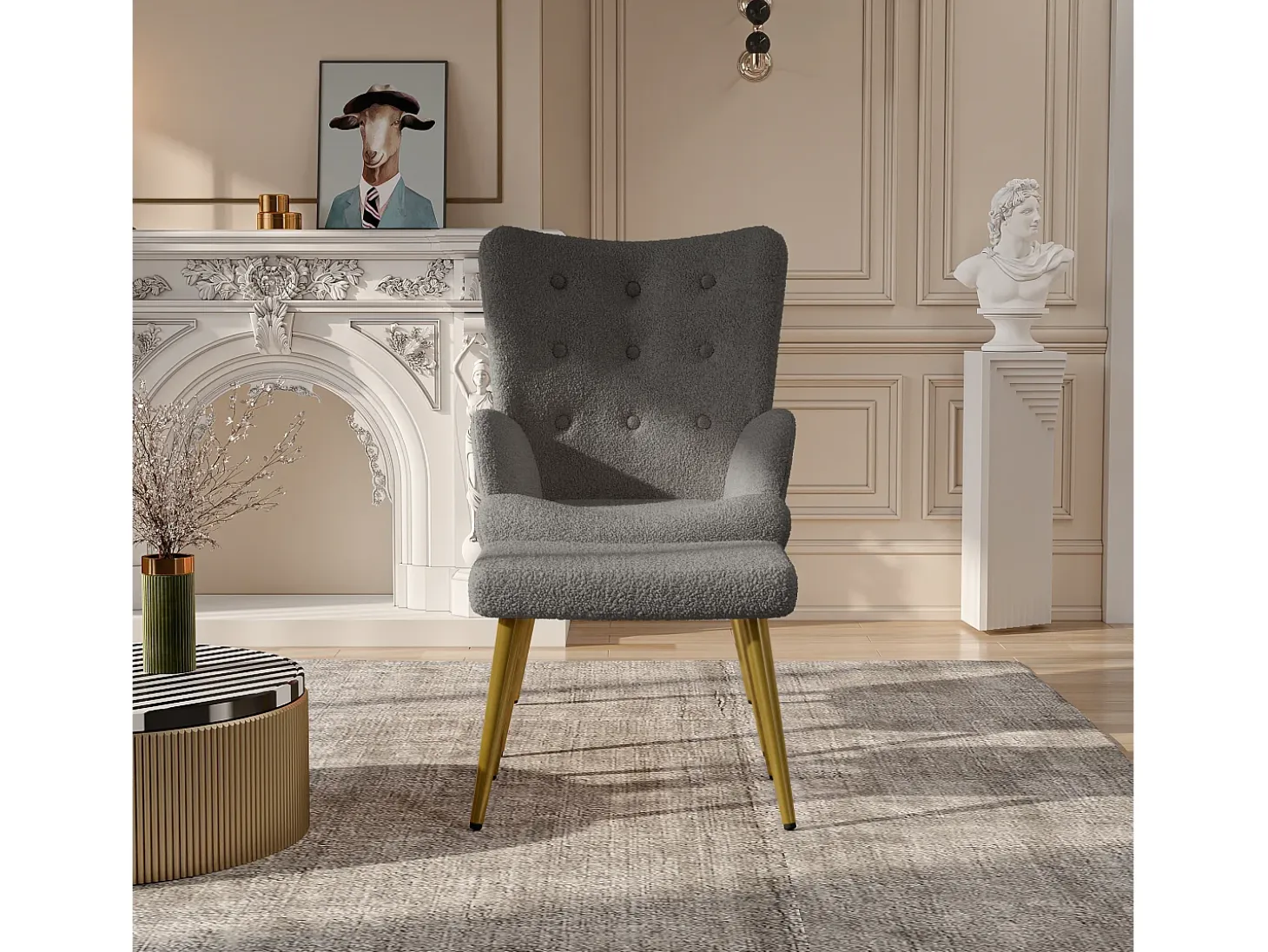Sillón escandinavo con respaldo alto y reposapiés en tejido bouclette, gris
