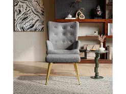 Sillón escandinavo con respaldo alto y reposapiés en tejido bouclette, gris
