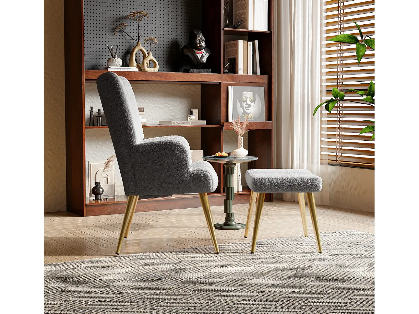 Sillón escandinavo con respaldo alto y reposapiés en tejido bouclette, gris
