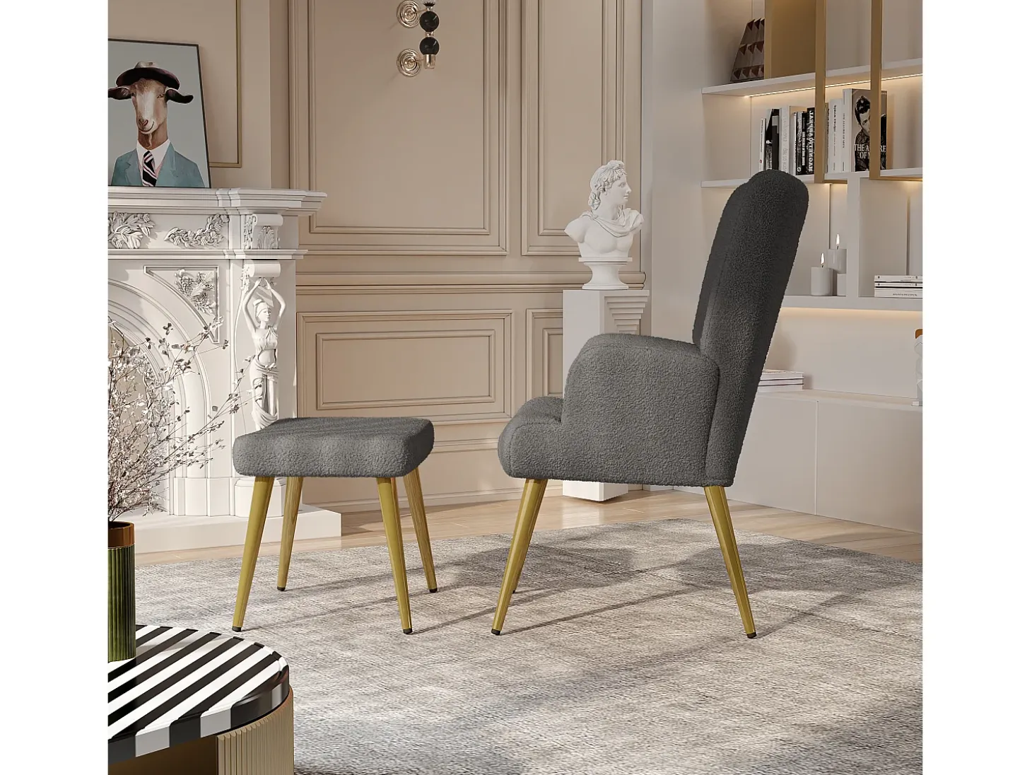 Sillón escandinavo con respaldo alto y reposapiés en tejido bouclette, gris