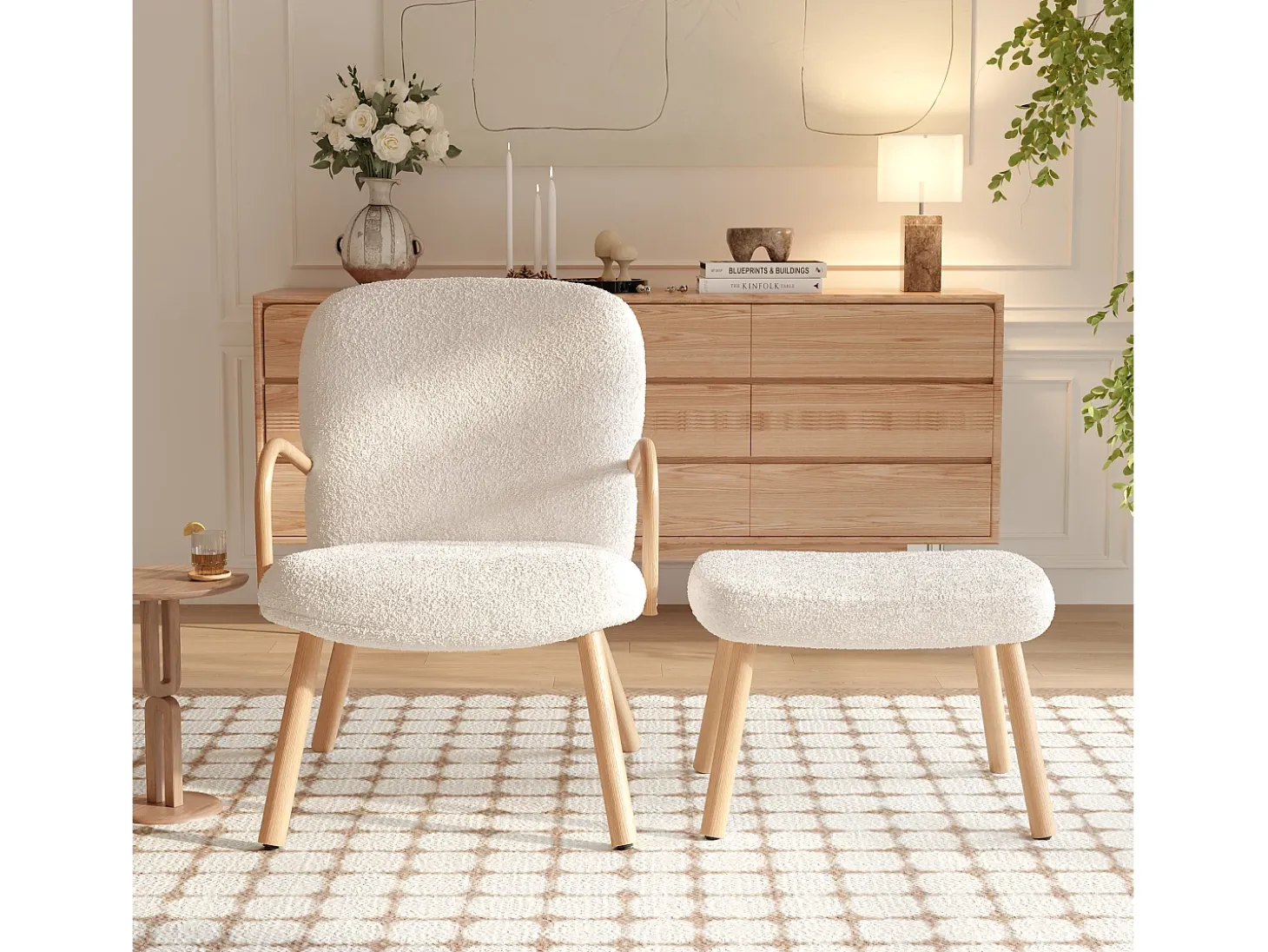 Sillón escandinavo de imitación de cachemira, reposapiés, salón, beige