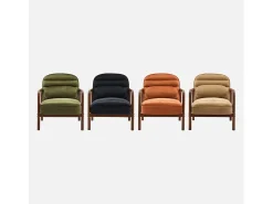 Sillón escandinavo de madera de hevea teñida de nogal y tela de