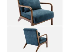 Sillón escandinavo de terciopelo y madera de hevea azul