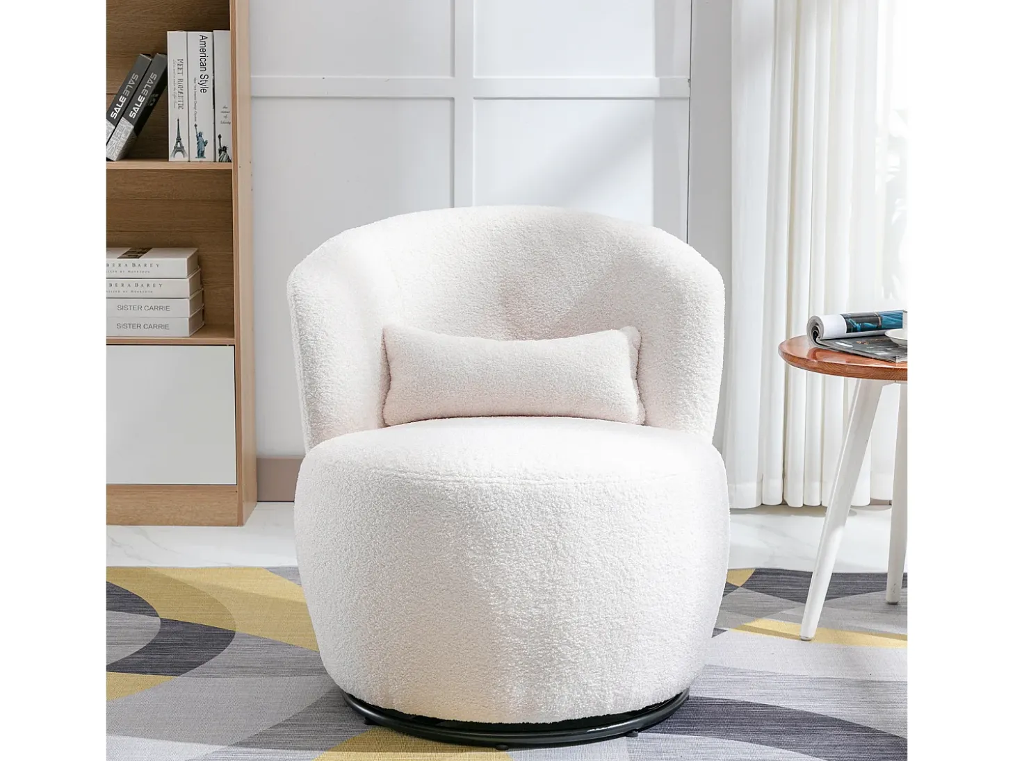 Sillón giratorio - sillón relax para salón - acolchado con felpa - con base giratoria de metal + con cojín lumbar - Blanco