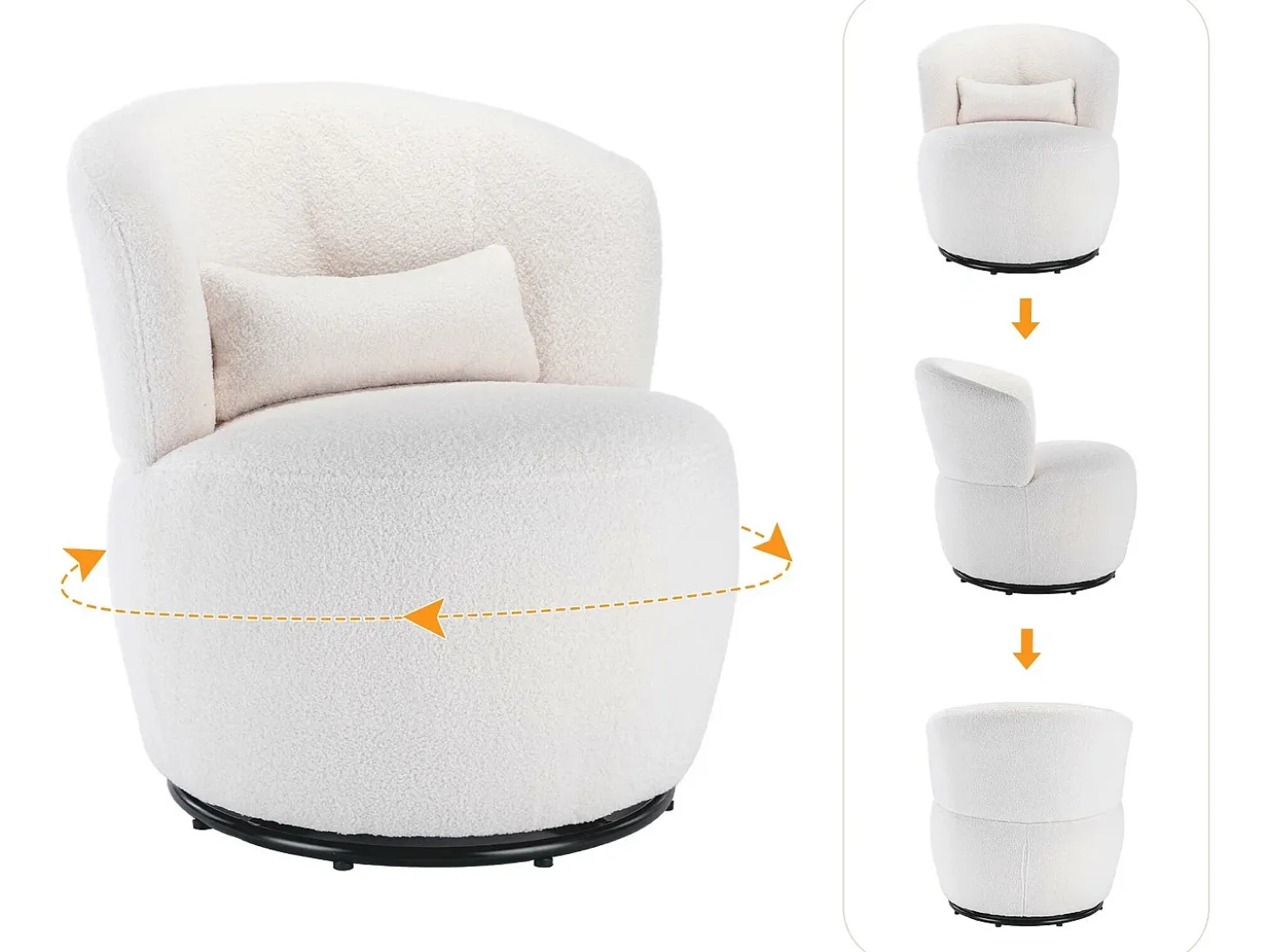 Sillón giratorio - sillón relax para salón - acolchado con felpa - con base giratoria de metal + con cojín lumbar - Blanco