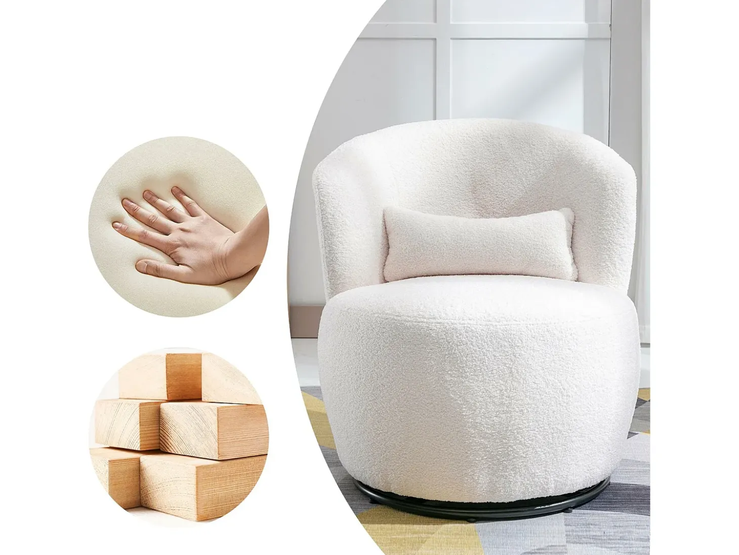 Sillón giratorio - sillón relax para salón - acolchado con felpa - con base giratoria de metal + con cojín lumbar - Blanco