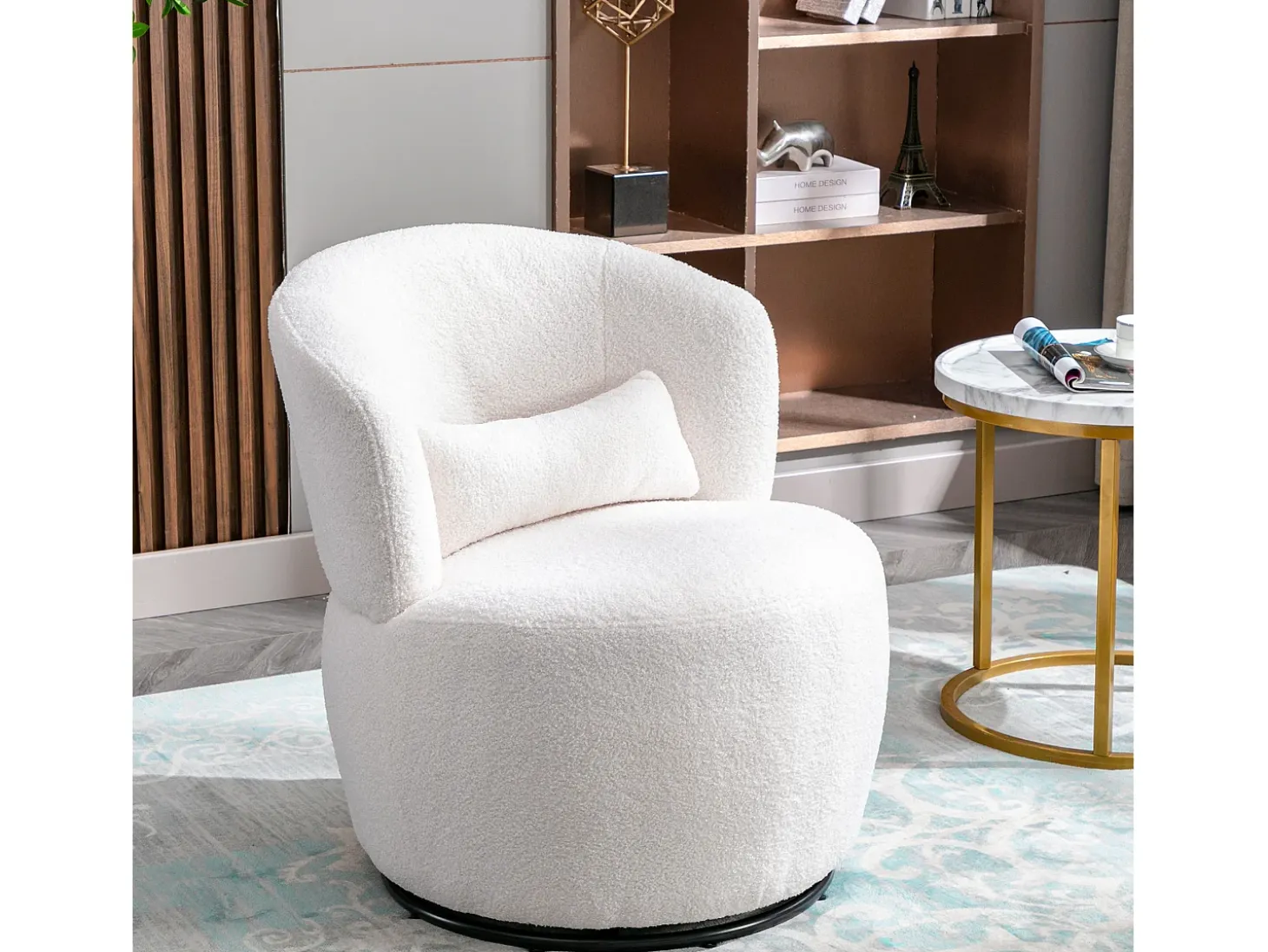 Sillón Giratorio de Mano, Silla con Cojín Lumbar, Tejido de Felpa, Sin Reposabrazos, Blanco