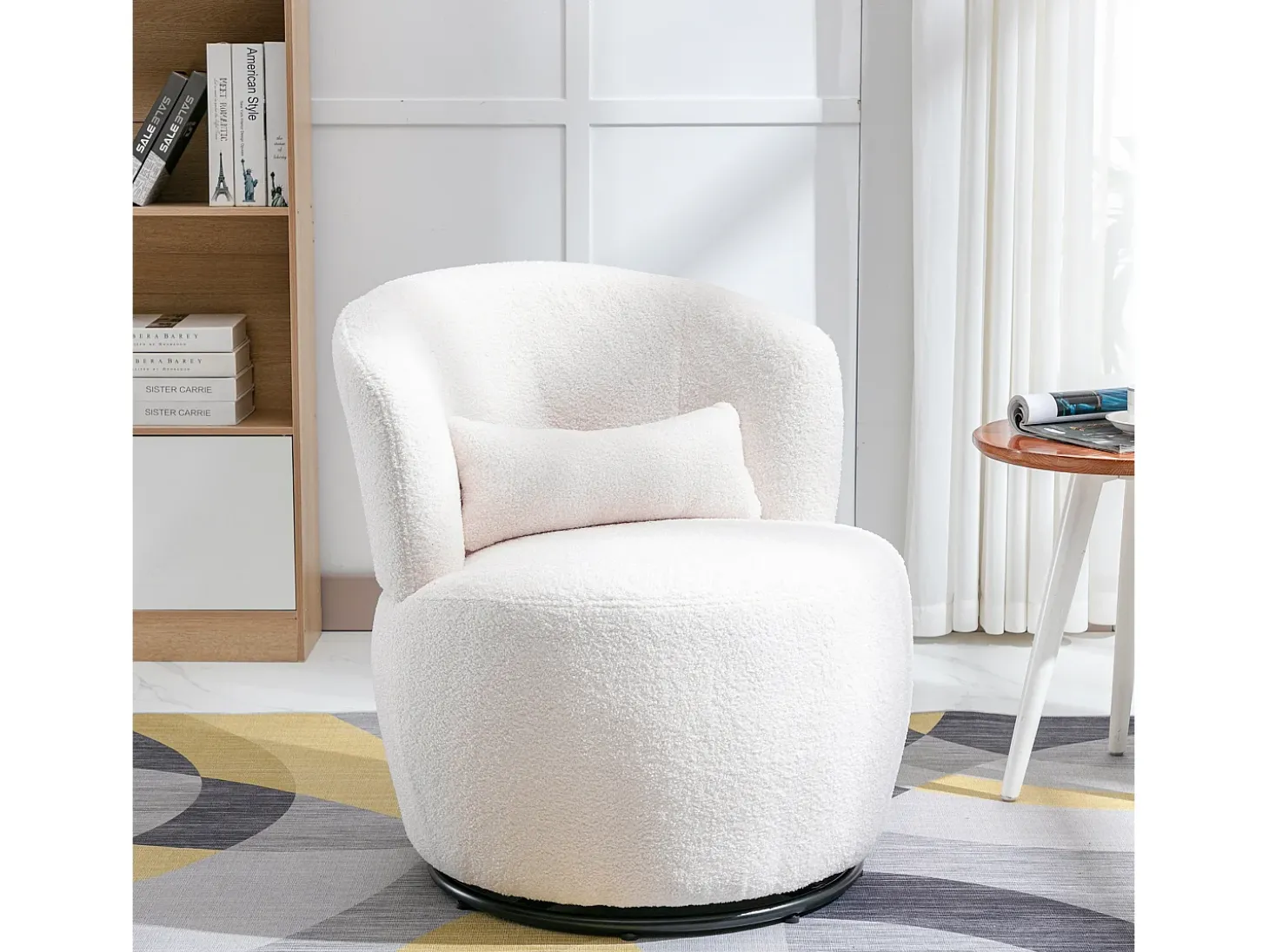 Sillón Giratorio de Mano, Silla con Cojín Lumbar, Tejido de Felpa, Sin Reposabrazos, Blanco