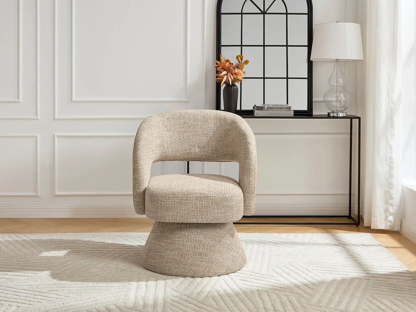 Sillón giratorio de tela texturizada color beige NAROLIA