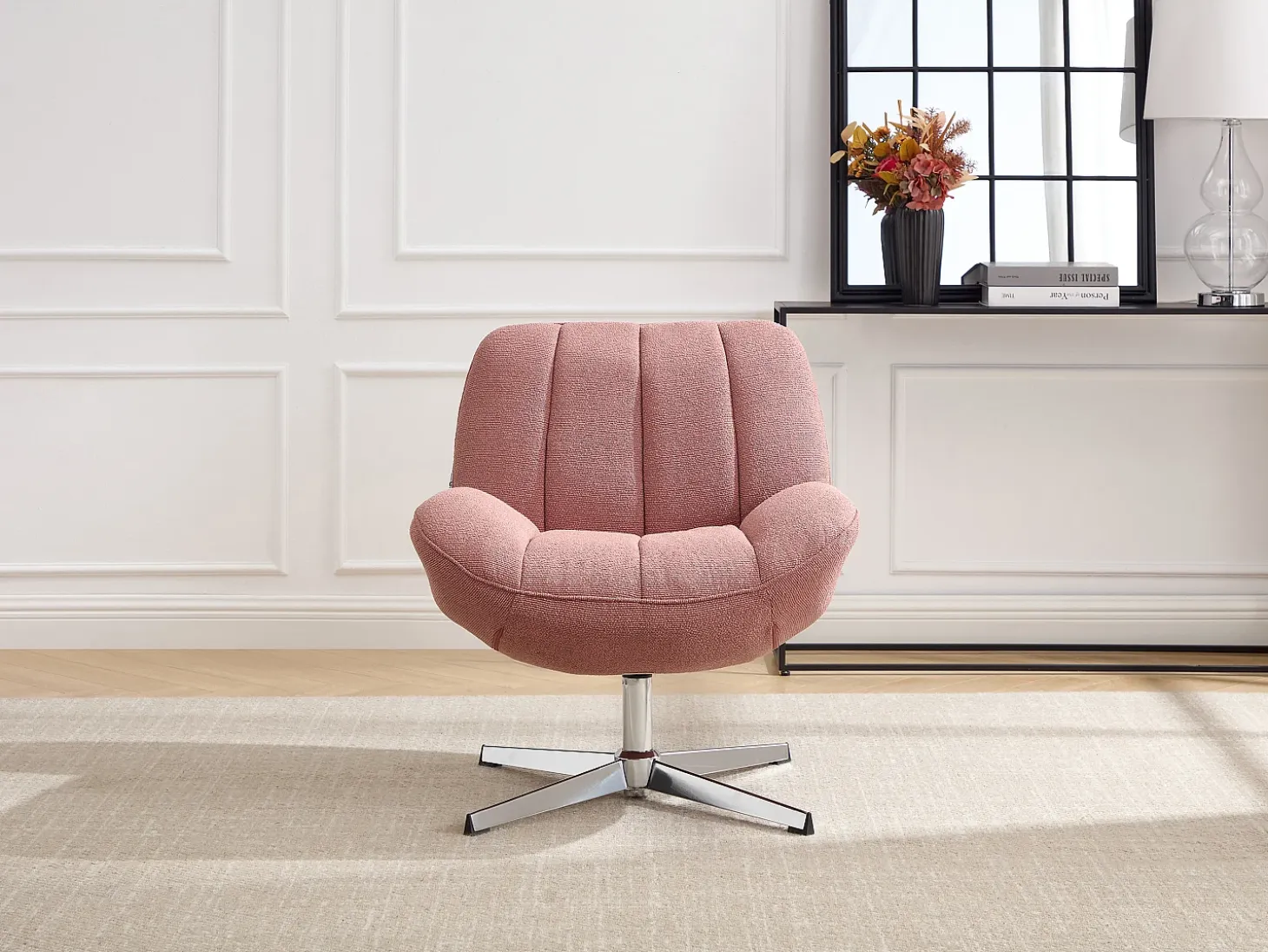 Sillón giratorio de tela texturizada color rosa VOLABO