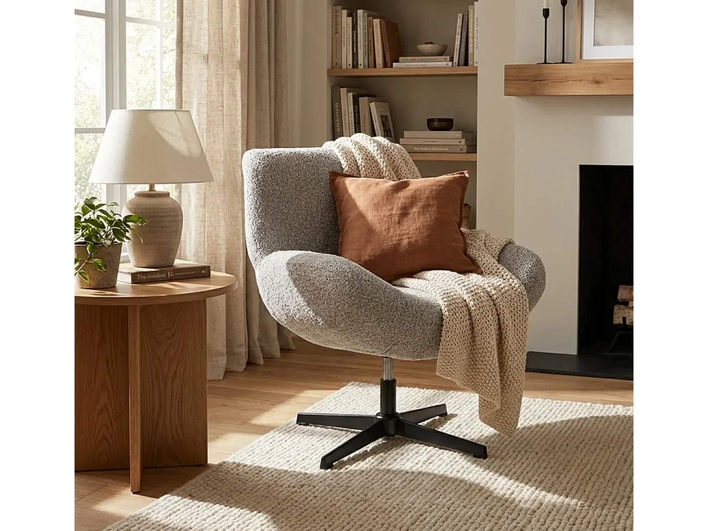 Sillón giratorio elegante de tela bouclé para sala salón y despacho Lehm - Gris