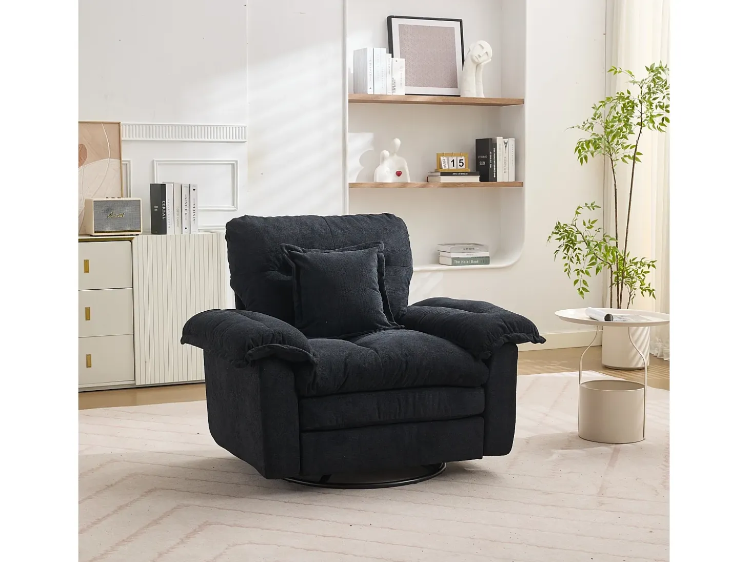 Sillón giratorio en tejido chenilla negro con cojín - Para salón, dormitorio y oficina