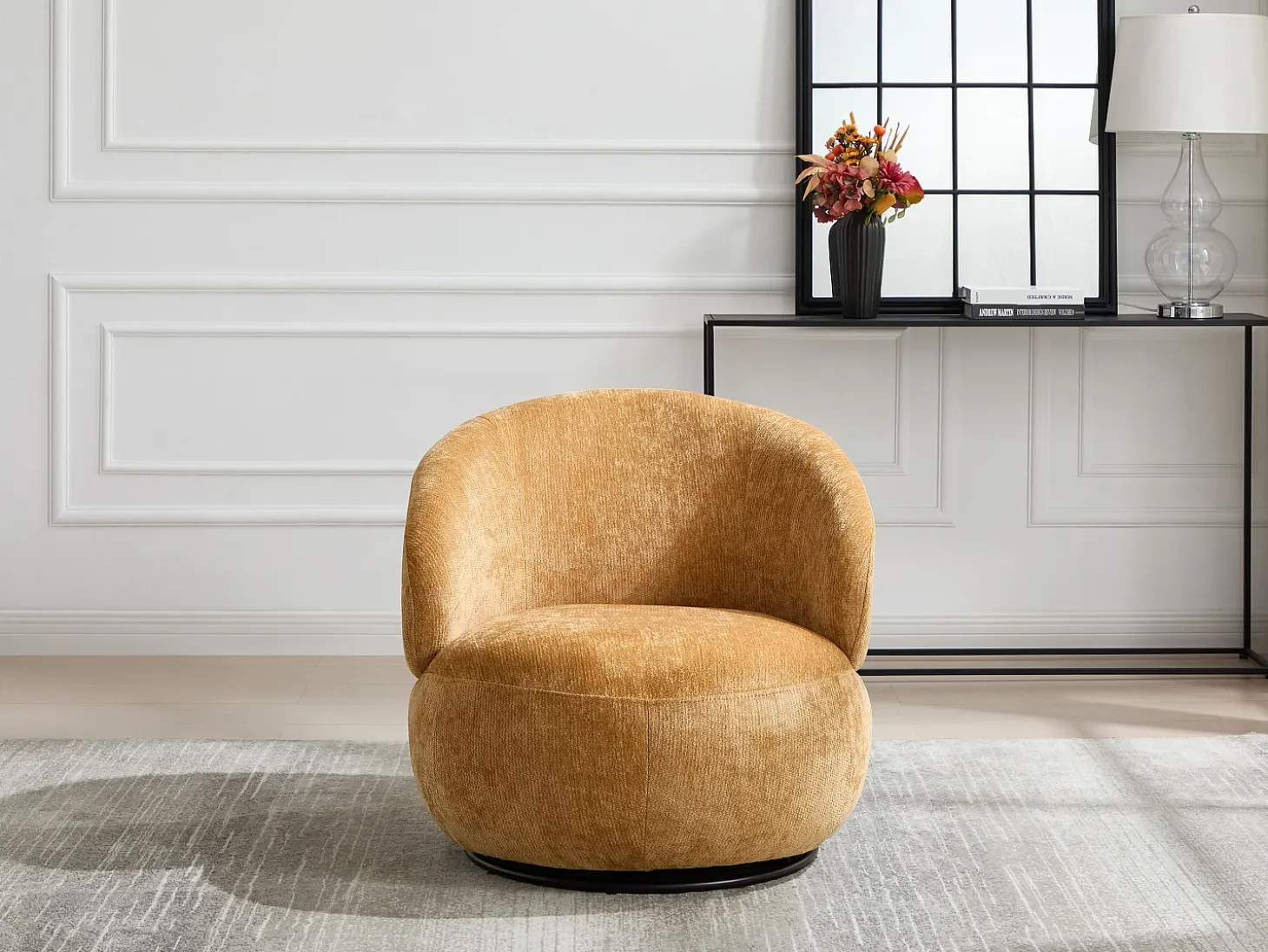 Sillón giratorio en tela texturizada color amarillo mostaza LACAZO