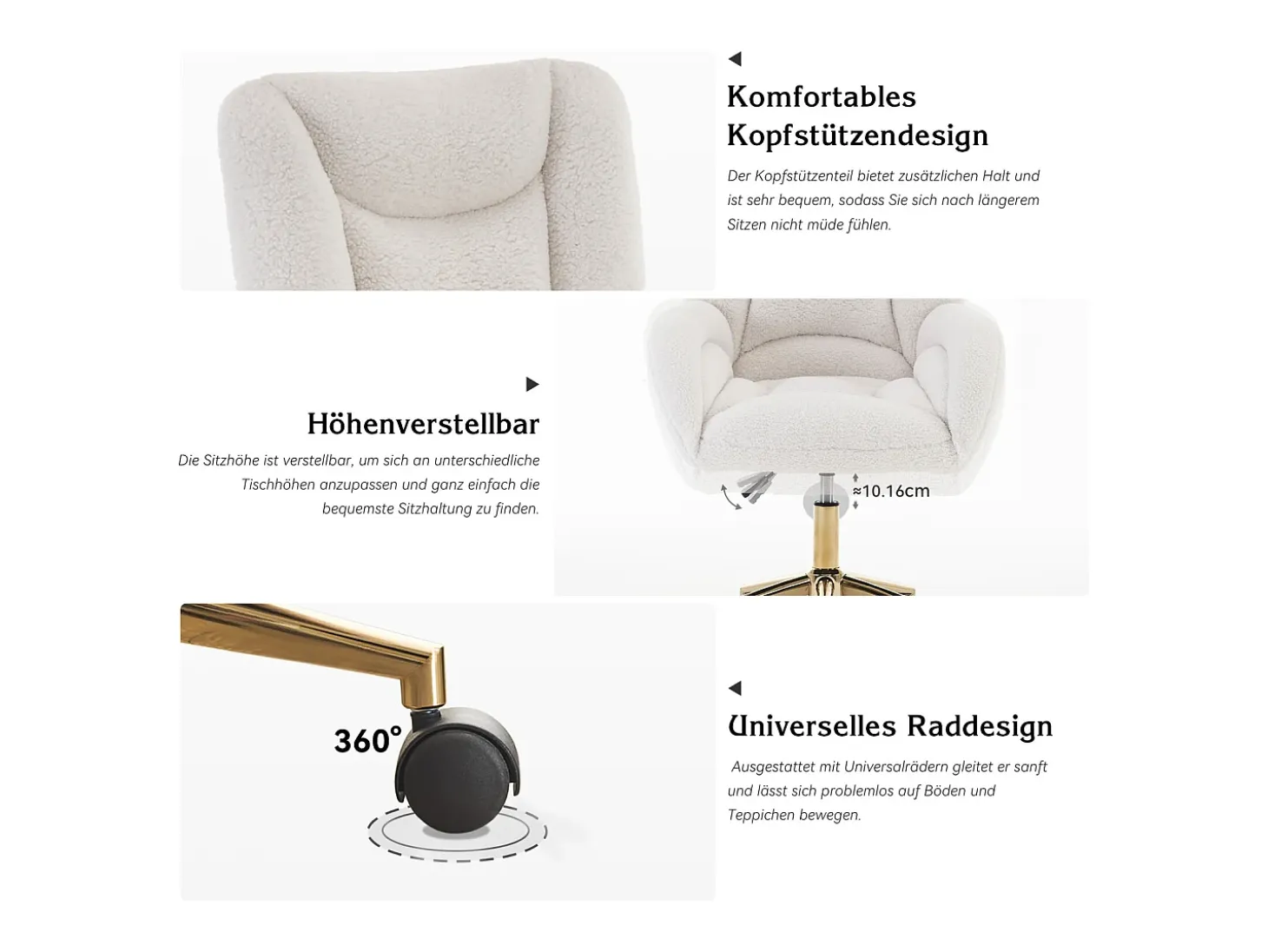 Sillón giratorio regulable en altura - patas doradas - terciopelo Teddy blanco