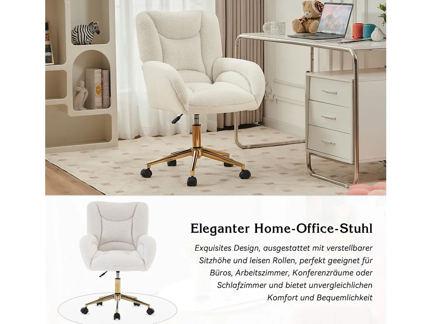 Sillón giratorio regulable en altura - patas doradas - terciopelo Teddy blanco
