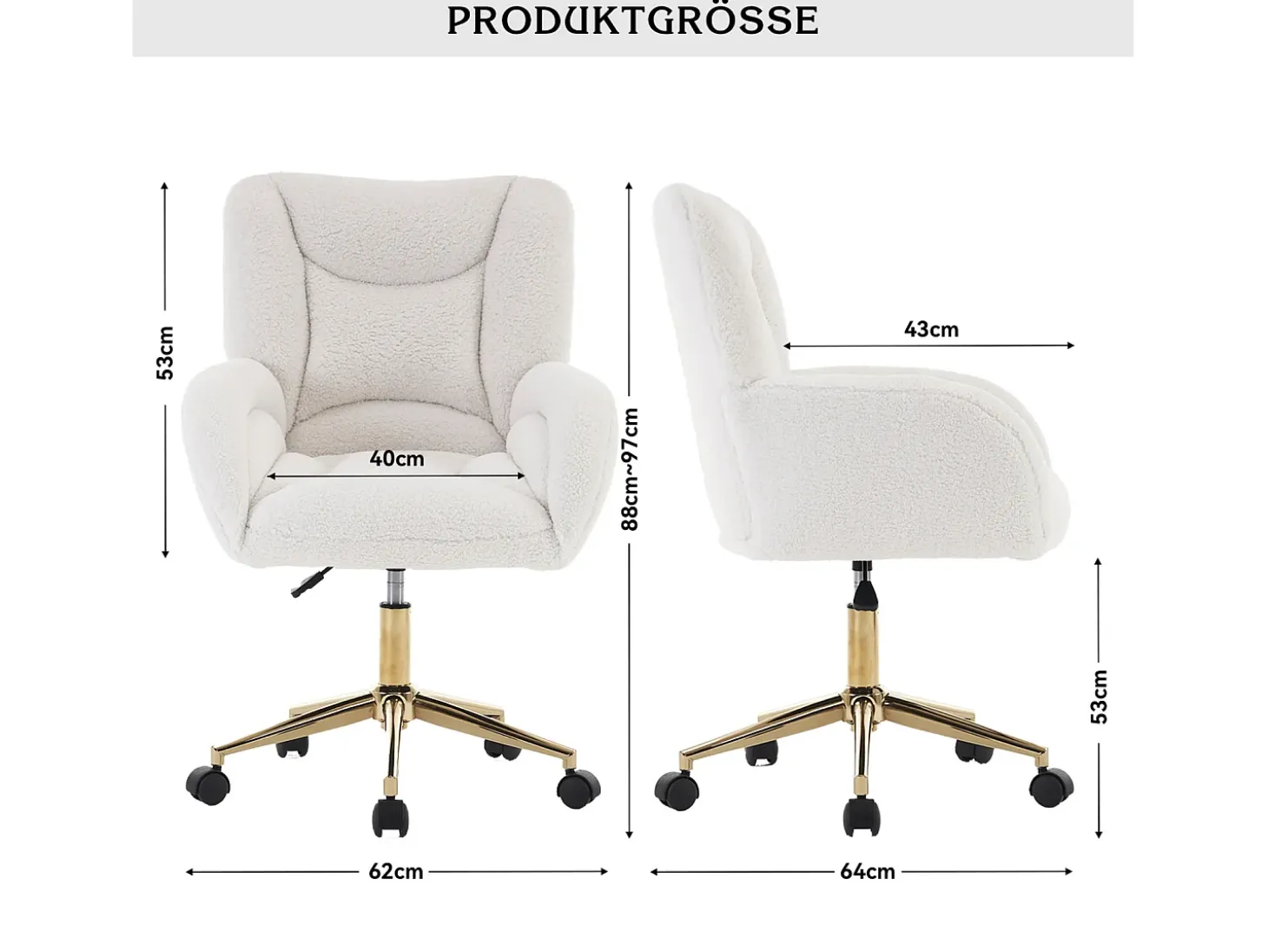 Sillón giratorio regulable en altura - patas doradas - terciopelo Teddy blanco