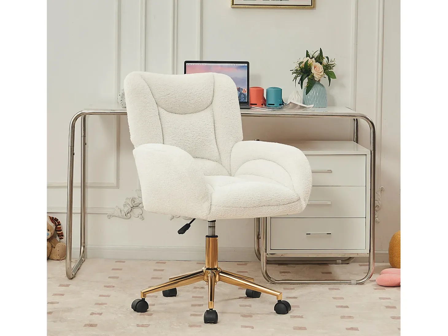 Sillón giratorio regulable en altura - patas doradas - terciopelo Teddy blanco