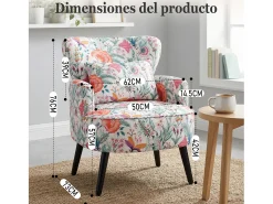 Sillón individual estampado Naranja Floral, Tela efecto lino, Patas de madera y estructura metálica, 76 x 62 x 73 cm