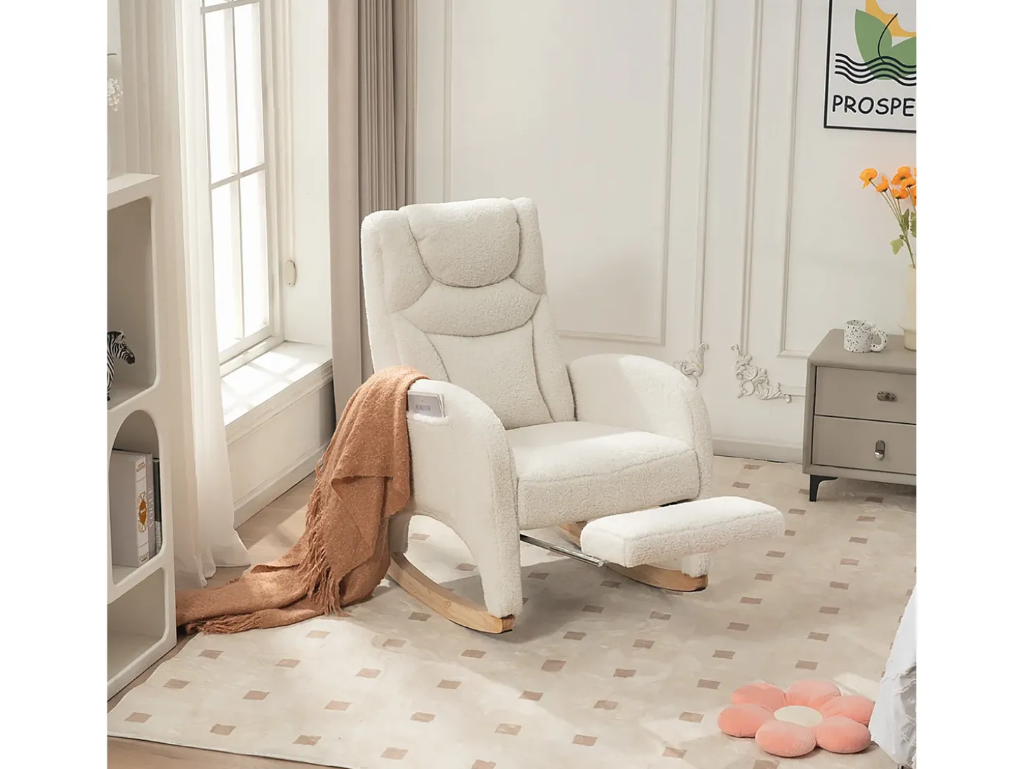 Sillón mecedor blanco con reposabrazos, respaldo y reposapiés retráctil - tela afelpada - para salas de estar y estudios