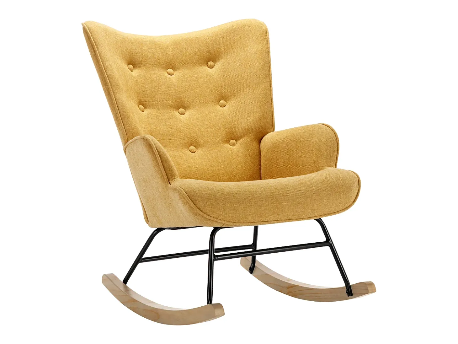 Sillón mecedora de lino amarillo mostaza con patas mecedoras y botones decorativos en el respaldo ELMINA II