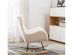 Sillón mecedora, sillón relax, sillón lounge, reposabrazos, con patas de madera, tejido peluche Teddy beige, carga máxima: 150 kg
