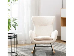 Sillón mecedora, sillón relax, sillón lounge, reposabrazos, con patas de madera, tejido peluche Teddy beige, carga máxima: 150 kg