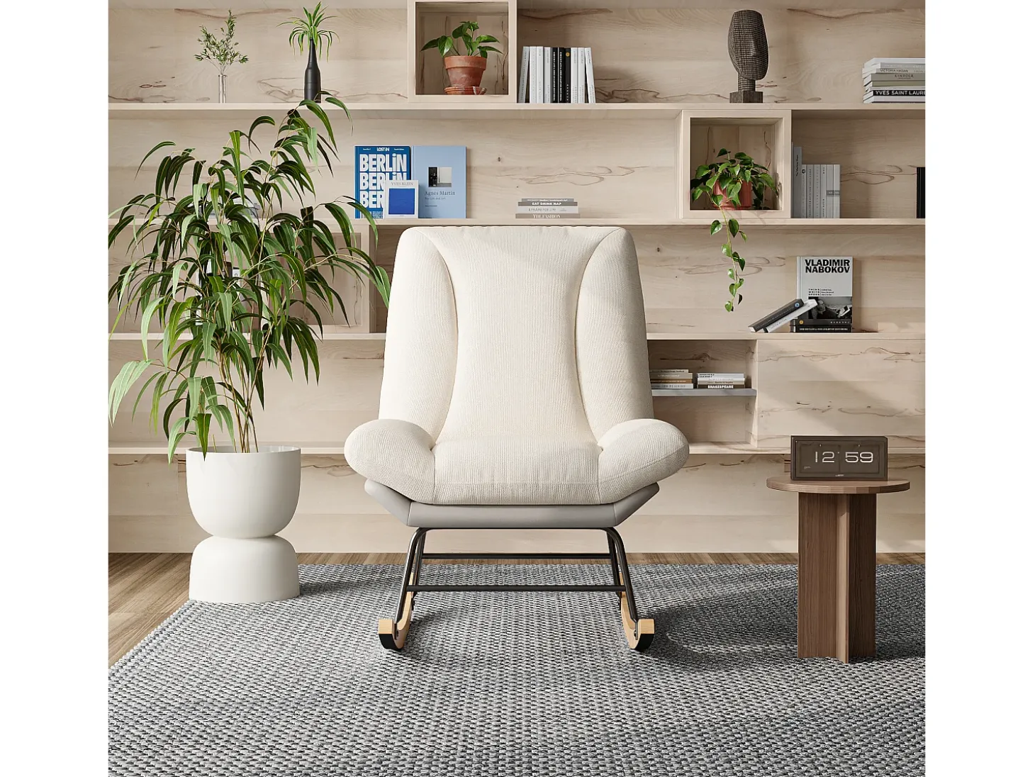 Sillón Mecedora Tapizado - Con Respaldo Regulable, Para Salón - Dormitorio, Balcón - 90,5 x 74 x 98 cm