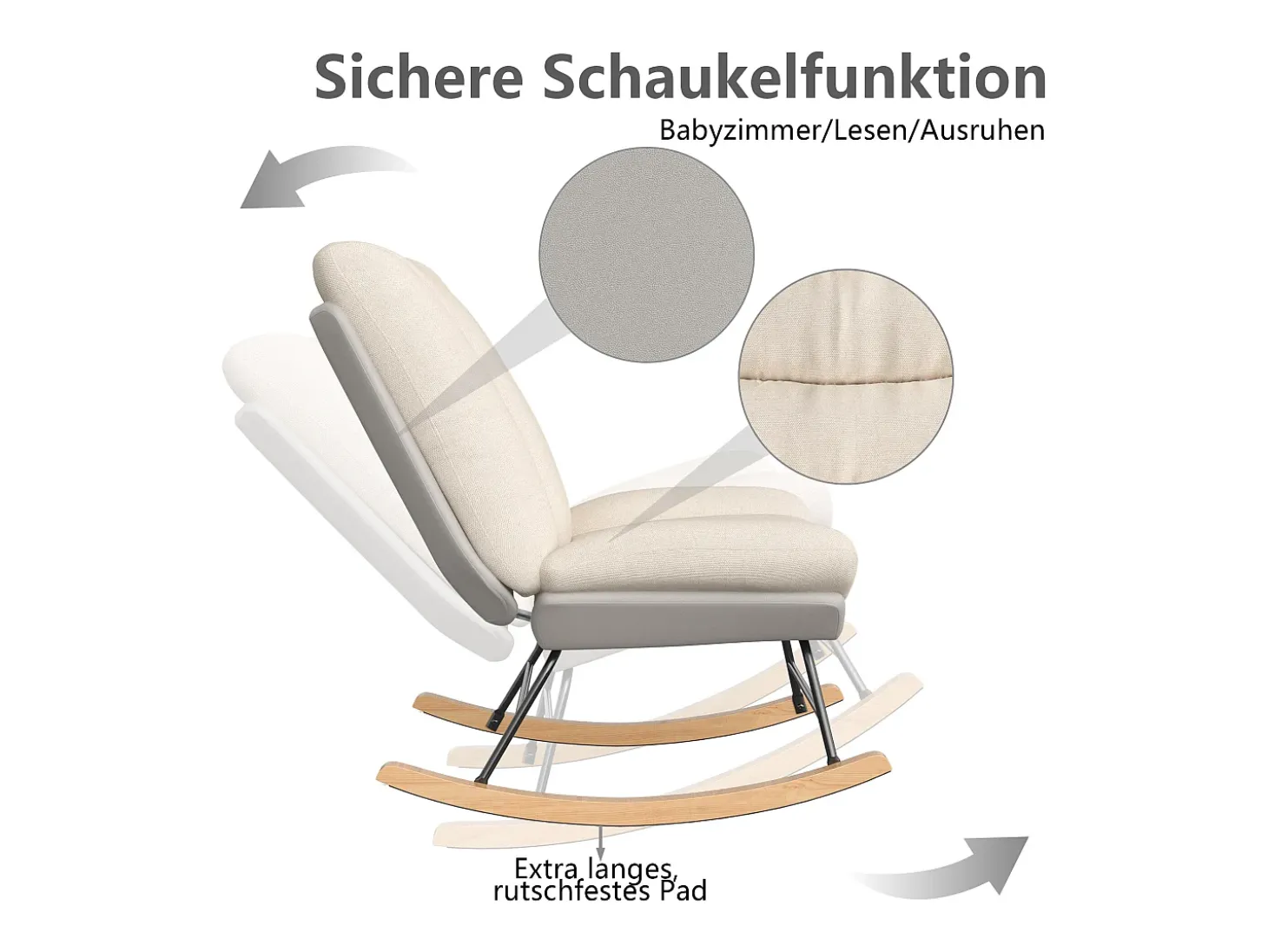 Sillón Mecedora Tapizado - Con Respaldo Regulable, Para Salón - Dormitorio, Balcón - 90,5 x 74 x 98 cm