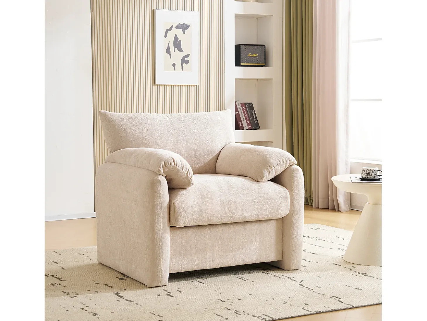 Sillón moderno de chenilla - sofá tapizado - asiento de salón para sala de estar y dormitorio - beige